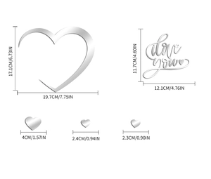 Detailed dimensions of 1mm acrylic mirror wall stickers with heart shapes and love text