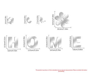 Dimensions détaillées des stickers muraux effet miroir HOME avec décors de fleurs