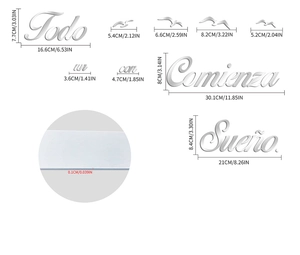 Detailed dimension map of Todo comienza con un sueño acrylic mirror wall sticker with gulls