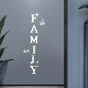 Modern silver mirror acrylic wall decor with vertical FAMILY text and butterfly accents