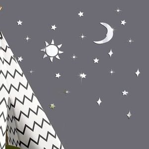 Detail of silver mirror acrylic wall stickers with sun moon and stars for home decoration