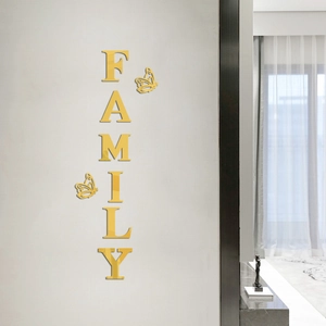 Vertical gold mirror acrylic Family wall decals with decorative 3D butterflies for home decor