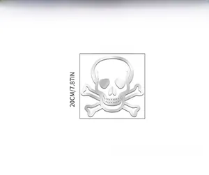 Detail view of 20cm silver acrylic skull wall sticker with product dimensions and layout