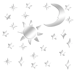 Detailed silver mirror acrylic wall stickers set featuring sun, moon, and stars