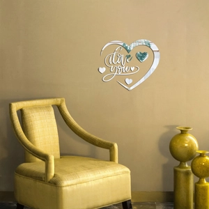 Mirror acrylic heart wall sticker featuring I Love You text for living room decoration
