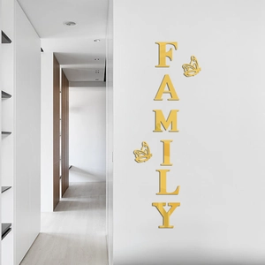 Detailed vertical display of gold mirror acrylic Family wall stickers with 3D butterflies