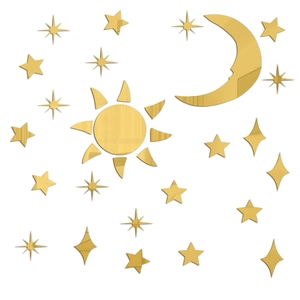 Detailed set of gold mirror acrylic sun moon and stars wall stickers for home decor