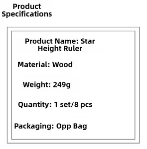 Specifications of wooden star height ruler for kids including material weight and packaging