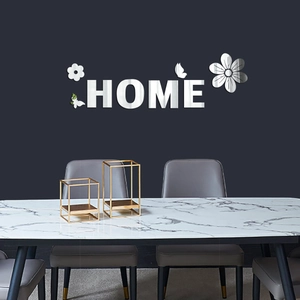 Stickers muraux miroir 3D HOME en acrylique argenté avec fleurs et papillons