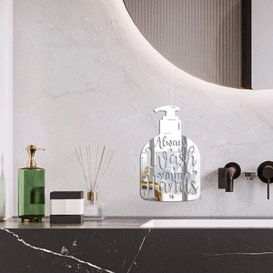 Detail of acrylic mirror wall sticker with Always Wash Your Hands text for bathroom