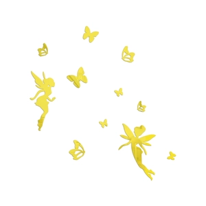 Detailed view of yellow mirror acrylic wall stickers featuring fairy silhouettes and butterflies