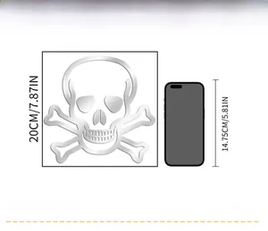 Size comparison showing 20cm silver acrylic skull wall sticker next to a phone model