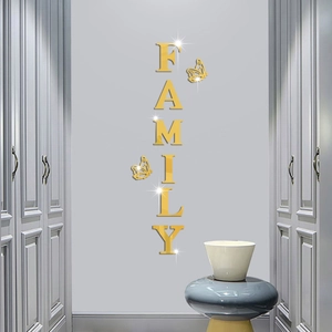Vertical golden mirror acrylic wall art featuring FAMILY letters and butterfly accents