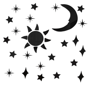 3D black acrylic mirror wall stickers featuring sun moon and stars for home decor