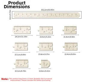 Detailed dimension chart for Nordic style wooden height ruler from 50cm to 200cm range