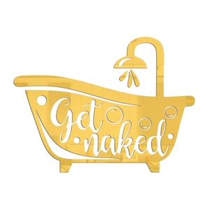 Macro detail of a 1mm thick gold acrylic bath sign featuring Get naked text and bubble icons