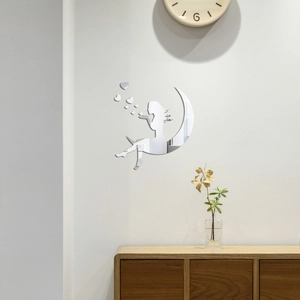 Detail of 3D acrylic mirror wall sticker featuring a girl sitting on the moon and hearts