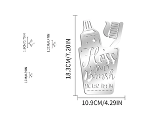 Detail showing acrylic mirror wall sticker with toothbrush design and exact dimensions