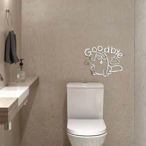 Silver mirror acrylic wall sticker with cartoon cat and Goodbye text for toilet decoration