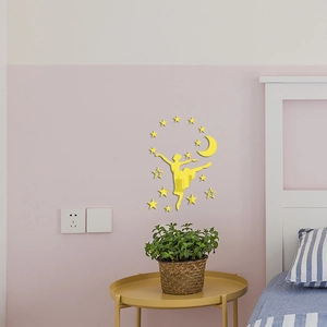 Golden acrylic mirror wall stickers featuring a ballet girl with moon and stars for bedroom