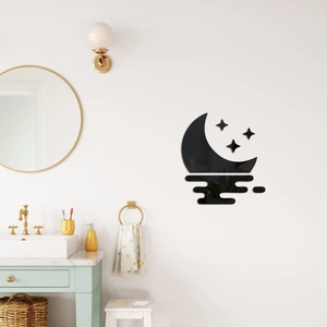 Details von spiegelndem schwarzen Acryl Wandtattoo mit Mond und Sternen im Badezimmer
