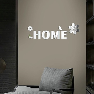 Détail des stickers muraux HOME 3D effet miroir argenté avec fleurs et papillons