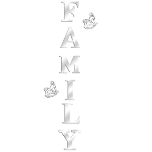 Macro detail of 3D silver acrylic mirror wall stickers with FAMILY letters and butterflies