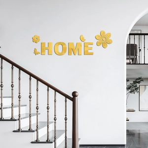 Stickers muraux 3D miroir doré HOME avec décor de fleurs et de papillons