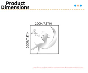Detail view of 20x20cm silver moon girl mirror wall sticker with size specifications
