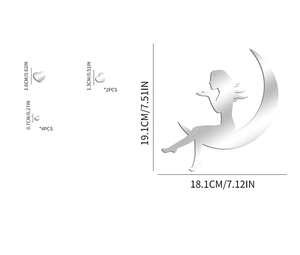 Detailed size guide for fairy on moon mirror wall stickers with heart elements