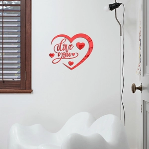 3D red mirror acrylic wall sticker with Love You letters and hearts for room decor