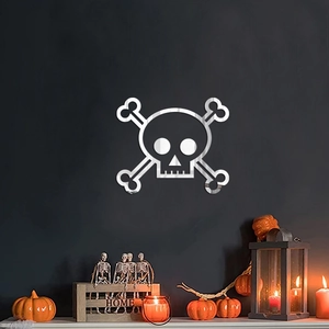 Silver mirror acrylic skull wall decal for Halloween home decor with pumpkin setup
