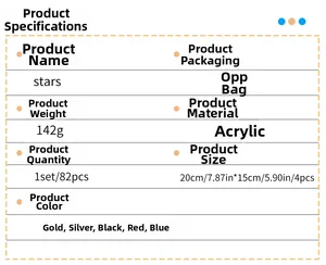 Detailed specifications table for 82pcs star-shaped acrylic mirror wall stickers with dimensions