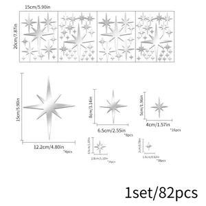 Detailed size chart for 82pcs star mirror wall decals with specific measurements in cm and in