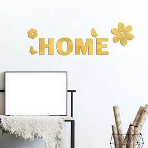 Stickers muraux 3D HOME en acrylique miroir jaune avec fleurs et papillons sur mur blanc