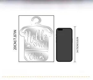 Silver mirror acrylic wall sign with Hello Sweet Cheeks engraving and size comparison