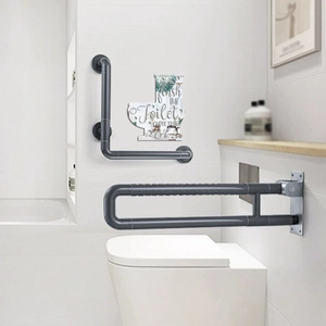 Detail of L-shaped and U-shaped non-slip bathroom safety grab bars for elderly support