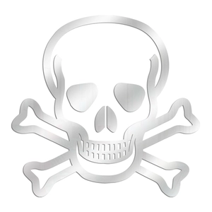 Macro shot of silver mirrored acrylic skull and crossbones wall sticker with metallic finish