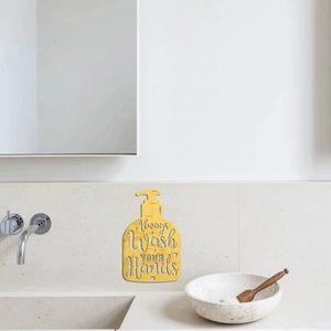 Detail of gold mirror acrylic bathroom wall sticker showing Always Wash Your Hands text