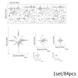 Size chart for 82pcs acrylic star mirror wall stickers with various star dimensions