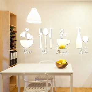 Adesivi murali specchio 3D in acrilico argento con motivi da cucina per sala da pranzo