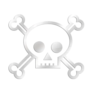 Detail of mirrored silver skull and crossbones wall sticker with sharp geometric cutouts