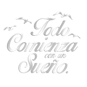 Macro detail of silver acrylic mirror wall decal with Todo Comienza con un Sueño quote