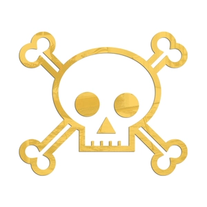 Detailed close-up of golden mirror acrylic skull and crossbones wall decal sticker