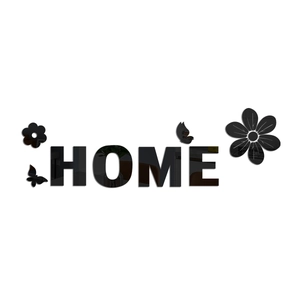 Stickers muraux 3D en acrylique noir miroir HOME avec décors fleurs et papillons