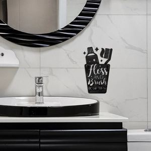 Black acrylic bathroom wall sticker with toothbrush cup silhouette and dental hygiene text