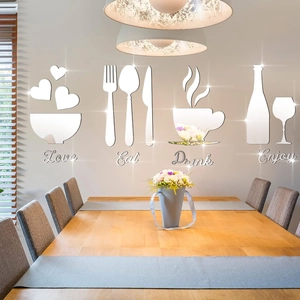 Adesivi murali a specchio in acrilico con icone cucina e scritte Love, Eat, Drink, Enjoy