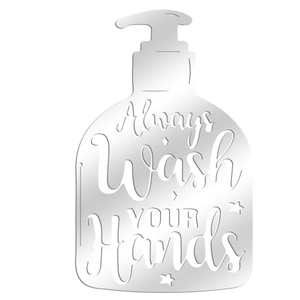 Detail view of silver acrylic restroom wall decal with Always Wash Your Hands lettering