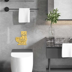 Modern gold acrylic toilet sign with flush the toilet close the lid lettering on marble wall