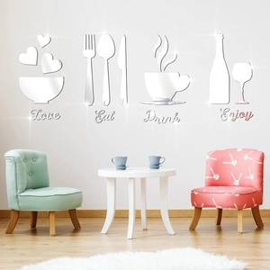Adesivi murali 3D a specchio in acrilico con icone Love, Eat, Drink, Enjoy per la cucina